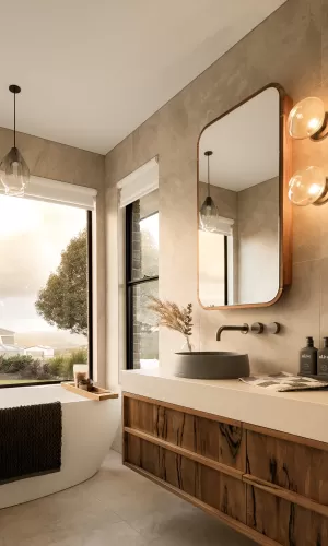 Elegant bathroom with a freestanding tub, large windows, wooden vanity, round sink, and pendant lights