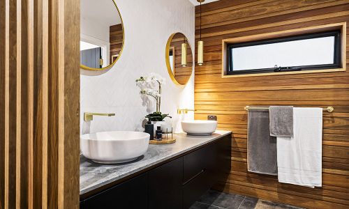 wooden styled washroom